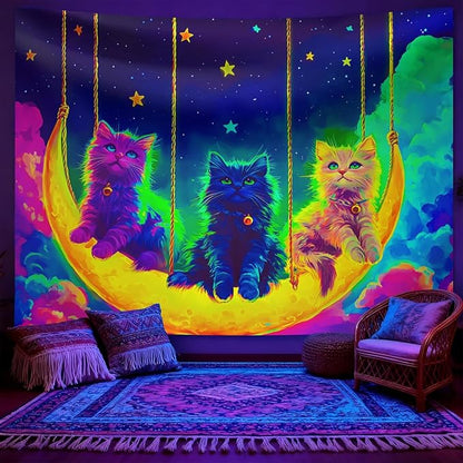 seewan Black Light Psychedelic Cat Tapestry, Glow-in-the-Dark UV Neon Multicolor Cat Tapestry, Psychedelic Multicolor Animal Art Tapestry, Bedroom Dorm Living Room Background Decor