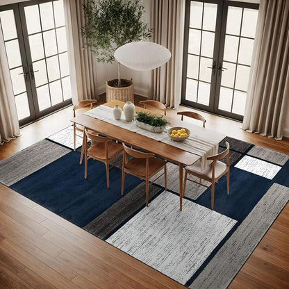 Rugshop Modern Geometric Boxes Navy Area Rug, Carpet with Jute Backing for Living Room, Large Bedroom, or Open Spaces, 9' x 12'