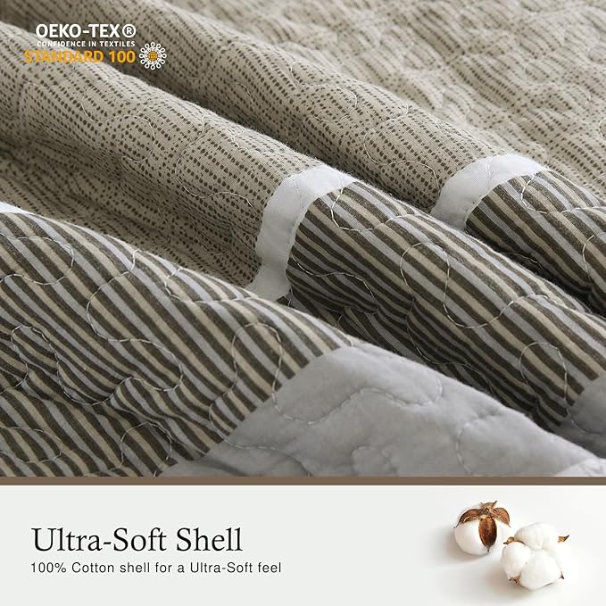 Bed Spread Queen Sized 102"x120" - 100% Cotton Lightweight Farmhouse Oversized Queen Quilt with 2 Pillowshams, Modern Printed Striped Quilted Bedding Coverlet Set for All Season, Brown