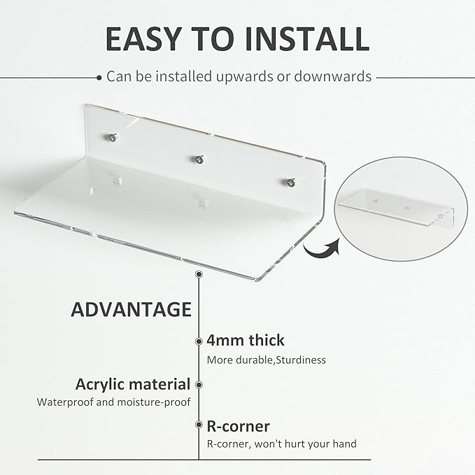 12 Inches Clear Wall Shelves, Moisture-Proof Acrylic Bathroom Organizer Shelves for Wall, Floating Shelf for Bathroom, 4 Pack