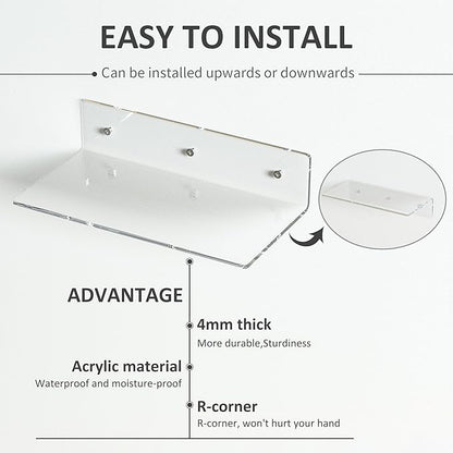 12 Inches Clear Wall Shelves, Moisture-Proof Acrylic Bathroom Organizer Shelves for Wall, Floating Shelf for Bathroom, 4 Pack