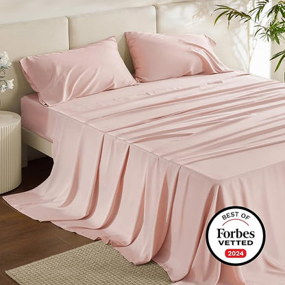Bedsure California King Sheet Sets, Cooling Sheets for Hot Sleepers, Rayon Derived from Bamboo, Breathable & Soft, Deep Pocket Up to 16 Inches, Hotel Luxury Silky Bedding, Pink
