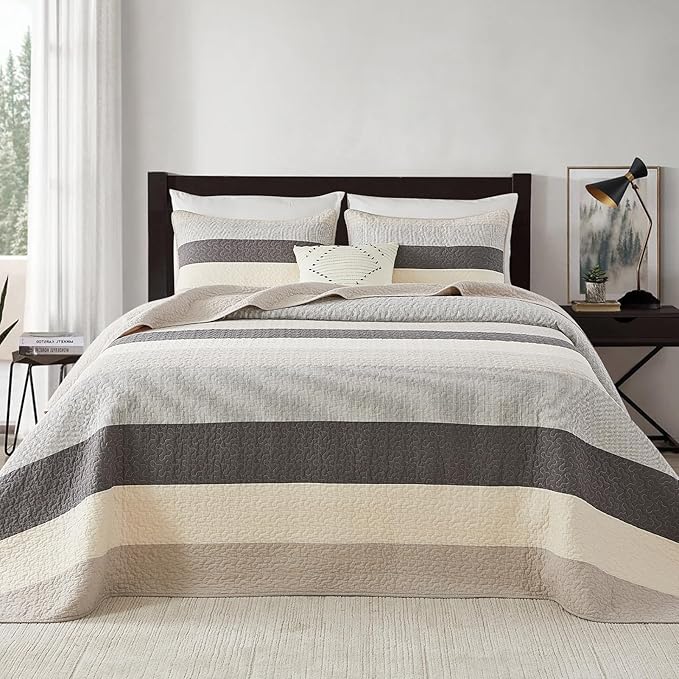 SahSahCasa 100% Cotton 128"x120" Oversized King Quilt Bedspread - California King Quilted Extra Large Comforter Lightweight Bedding Set, Cal King XL Striped Bed Spread, Light Taupe/Light Ivory/Gray