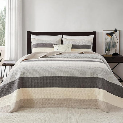 SahSahCasa 100% Cotton 128"x120" Oversized King Quilt Bedspread - California King Quilted Extra Large Comforter Lightweight Bedding Set, Cal King XL Striped Bed Spread, Light Taupe/Light Ivory/Gray