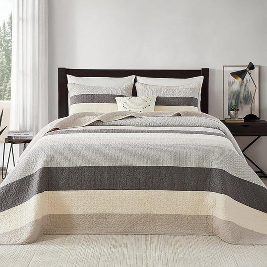 SahSahCasa 100% Cotton 128"x120" Oversized King Quilt Bedspread - California King Quilted Extra Large Comforter Lightweight Bedding Set, Cal King XL Striped Bed Spread, Light Taupe/Light Ivory/Gray