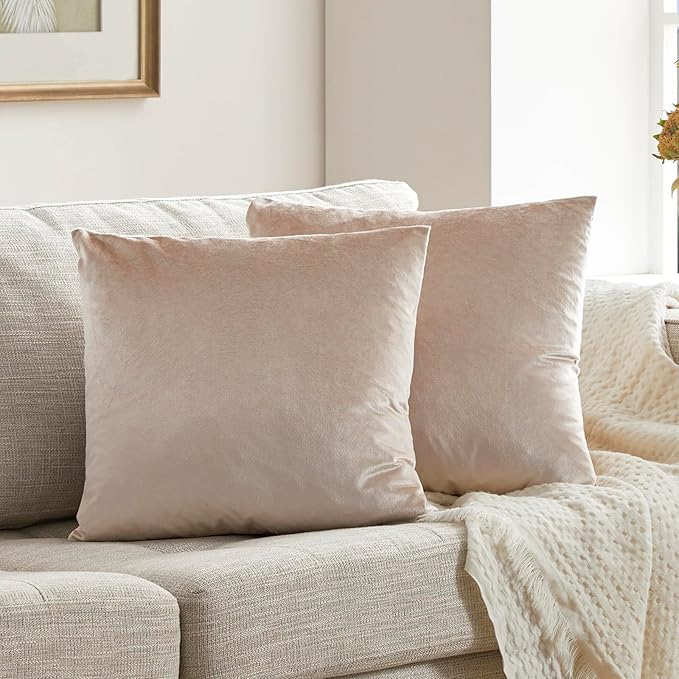 GIGIZAZA Velvet Throw Pillow Covers 16x16,Pack of 2 Champagne Beige Modern Pillow Covers Square Small Solid Pillow Vintage Cases for Living Room Couch