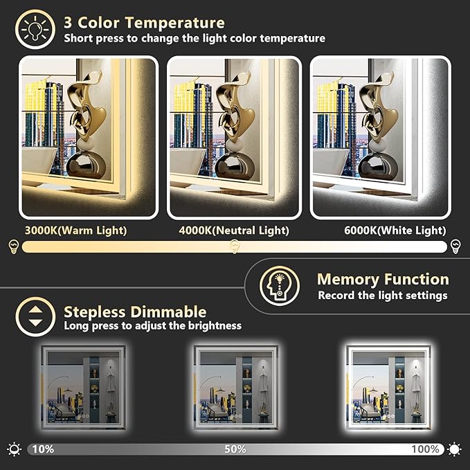 36x36 Inch LED Bathroom Mirror with Lights, Backlit & Front Lit, Anti-Fog Lighted Vanity Mirrors for Bathroom Wall, Dimmable, 3 Color Temperatures, Memory, Shatter-Proof, HD Tempered Glass