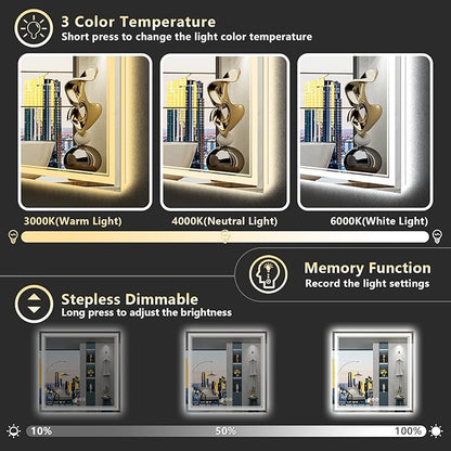 36x36 Inch LED Bathroom Mirror with Lights, Backlit & Front Lit, Anti-Fog Lighted Vanity Mirrors for Bathroom Wall, Dimmable, 3 Color Temperatures, Memory, Shatter-Proof, HD Tempered Glass