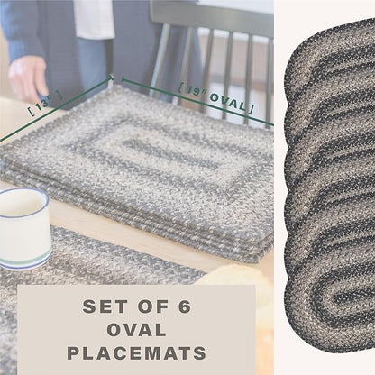 Homespice Flint Hill Jute Braided Oval Placemats, Warm Primitive Decor, Set of 6, 13x19 Grey Table Mats - Vibrant Colors, Durable, Easy to Clean and Protects Furniture