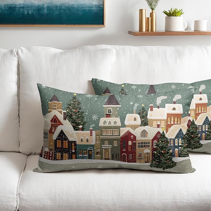 Christmas Snoflake Pillow Covers 12x20 Set of 2 Green House Throw Pillow Covers Winter Pillowcase Linen Decoration Farmhouse Cozy Soft Cushion Case Couch for Indoor Outdoor Home Decor