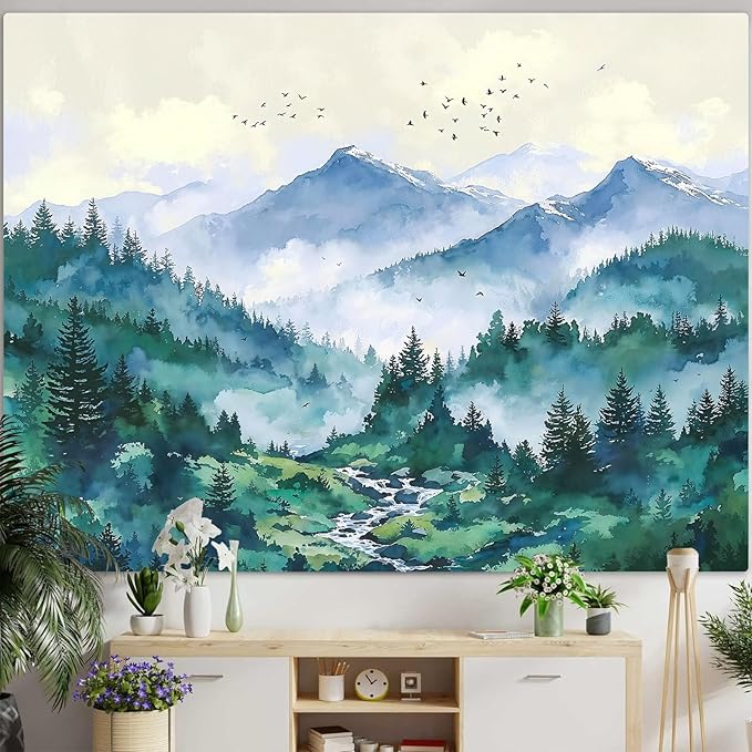 Haibimen Monet Nature Mountain Tapestry Wall Hanging Green Forest Stream Birds Landscape tapestrise for Bedroom Watercolor Aesthetic Wall Decor for Living Room Dorm (forest-3, 60''×44'')