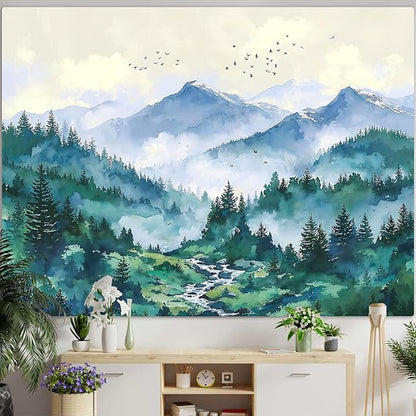 Haibimen Monet Nature Mountain Tapestry Wall Hanging Green Forest Stream Birds Landscape tapestrise for Bedroom Watercolor Aesthetic Wall Decor for Living Room Dorm (forest-3, 60''×44'')
