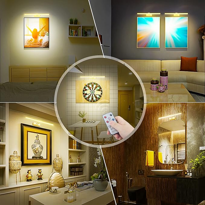 FUNCHDAY Picture Light,Battery Operated Picture Light for Wall,Wireless Remote Painting Light with Timer and Dimmable,16”Metal Art Light for Display,Wall,Artwork,Portrait,Gallery Gold-6000K