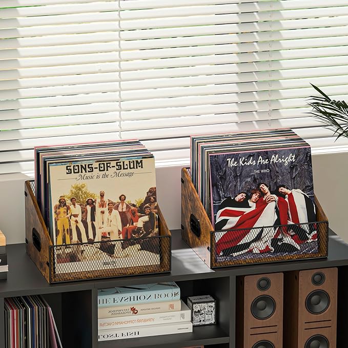 Vinyl Record Storage Holder, Trapezoidal LP Vinyl Record Crate with Handle, Wood & Metal Album Storage Desktop Organizer Box for Books Files, Rustic Brown
