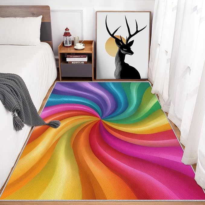 5x8 Rainbow Spiral Rugs for Bedroom Decor, Washable Colorful Swiral Pattern Area Rug, Living Room Home Decoration, Non Slip Soft Thin, Abstract Art Decor Carpet PF-P 56
