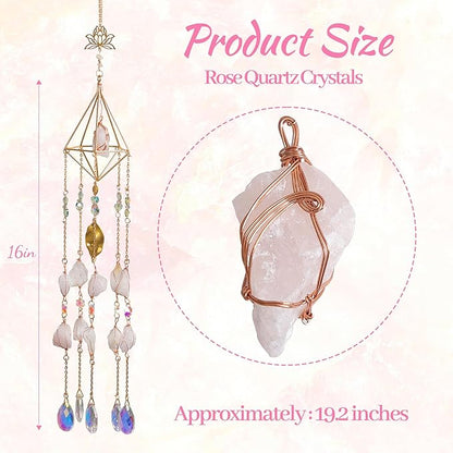 Rose Quartz Crystal Window Suncatcher, Healing Rose Quartz Crystal Decor for Home Garden, Gift for Christmas Birthday Valentine Mothers Day to Lover Parents Friends