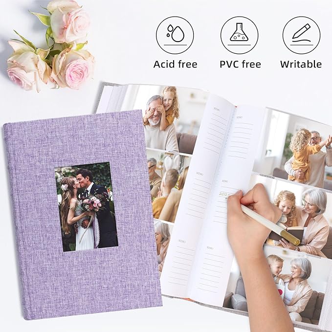 Vienrose Photo Album 4x6 300 Photos Linen Frame Cover with Memo Areas Photobook Large Capacity Slip-in Pictures Book for Wedding Baby Vacation, Purple