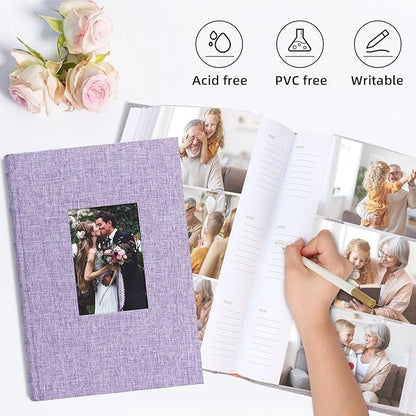 Vienrose Photo Album 4x6 300 Photos Linen Frame Cover with Memo Areas Photobook Large Capacity Slip-in Pictures Book for Wedding Baby Vacation, Purple