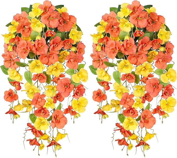 HyeFlora Hibiscus Fall Flowers Artificial Hanging Flowers Plants for Outdoors Autumn Decoration, 2pcs Silk Hibiscus Vines Realistic UV Resistant Faux Flowers for Outside Planters Yard Garden Home, Mix