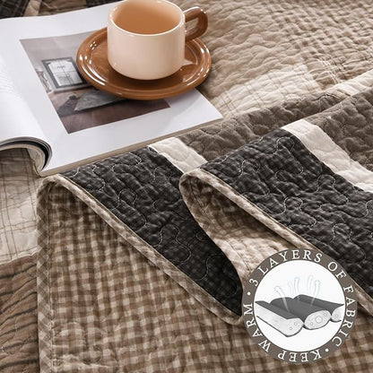 Farmhouse Queen Size Bedspread 102"x120" - 100% Cotton Lightweight Oversized Queen Quilt with 2 Pillowshams, Cottage Plaid Quilted Bedding Coverlet for All Season, 3Pcs, Brown/Beige/Oatmeal