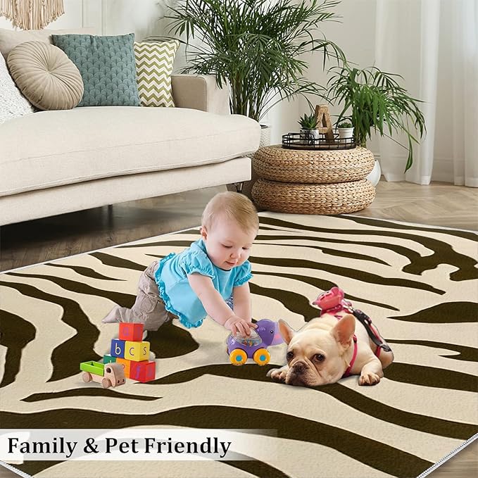Black Brown Zebra Stripes Area Rug, Animal Inspired Art Print Large Rugs, Machine Washable Breathable Durable Carpet for Boys and Girls Nursery Bed Living Room Carpets Nursery Decor Rug,5 x 6ft