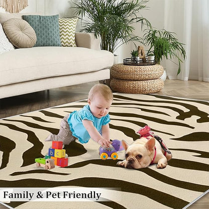 Black Brown Zebra Stripes Area Rug, Animal Inspired Art Print Large Rugs, Machine Washable Breathable Durable Carpet for Boys and Girls Nursery Bed Living Room Carpets Nursery Decor Rug,2 x 3ft