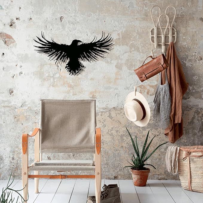 3D Metal Viking Raven Wall Art - Unique Black Crow Decor with Norse Mythology Gothic Waterproof Sculpture for Indoor Outdoor Living Room, Bedroom, Garden Home Decor