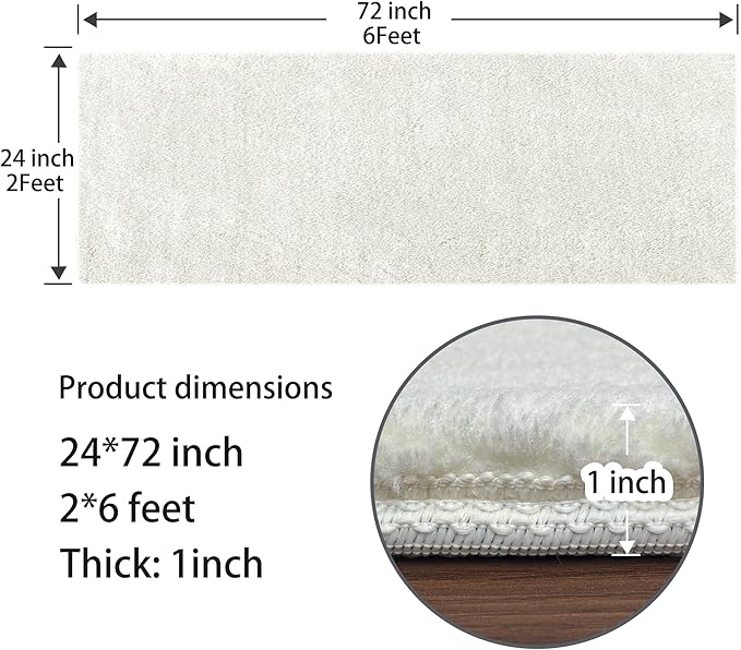 PURE ERA Carpet Stair Tread Landing Mat Area Rug Ultra Plush Shag Soft Non Slip Skid Resistant Tape Free Indoor Doormat Washable Reusable White 2' X 6'