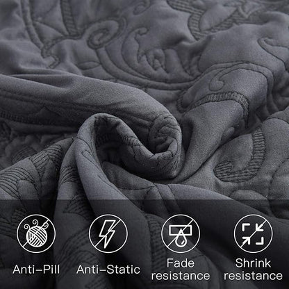 CHIXIN Oversized Bedspread Coverlet Set King Size - Lightweight Bedding Cover - Beautiful Stitching - 4 Piece Reversible Bedspread - Gorgeous Damask Paisley Pattern (King, Dark Grey)