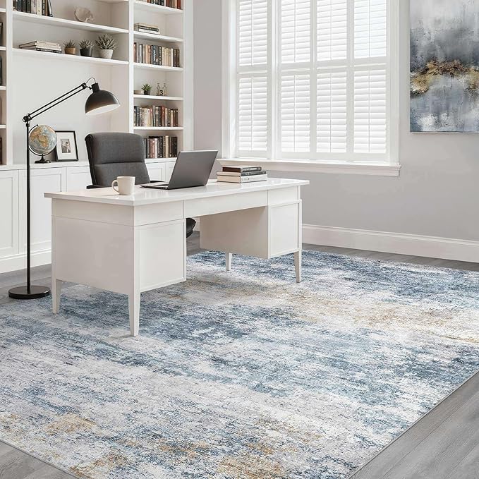 10x12 Area Rugs Living Room: Washable Large Neutral Rug Abstract Soft Modern Stain Resistant Indoor Floor Non-Slip Carpet for Bedroom Nursery Kids Office Playroom Dining Room Under Table- Blue Gold