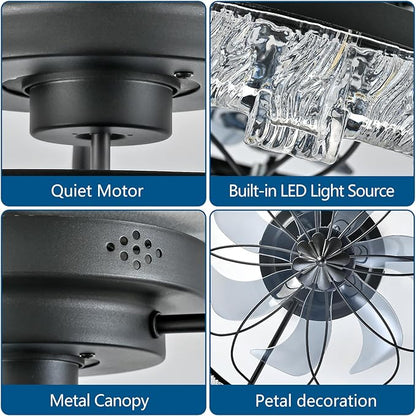 Matte Black Ceiling Fan with Light, Farmhouse Flower Caged Ceiling Fan with Remote, LED Low Profile Ceiling Light for Bedroom Kitchen Living Room