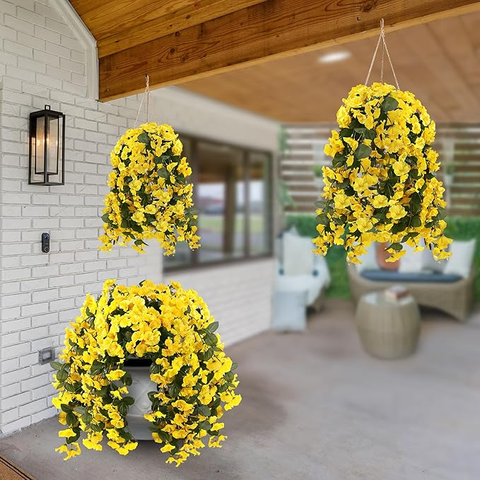 Sggvecsy Artificial Fake Hanging Flowers Plants for Outdoor Outside Spring Summer Decoration 2PCS Faux Silk UV Resistant Realistic Morning Glory Trailing Vines for Home Porch Patio Balcony(Yellow)