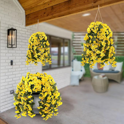 Sggvecsy Artificial Fake Hanging Flowers Plants for Outdoor Outside Spring Summer Decoration 2PCS Faux Silk UV Resistant Realistic Morning Glory Trailing Vines for Home Porch Patio Balcony(Yellow)