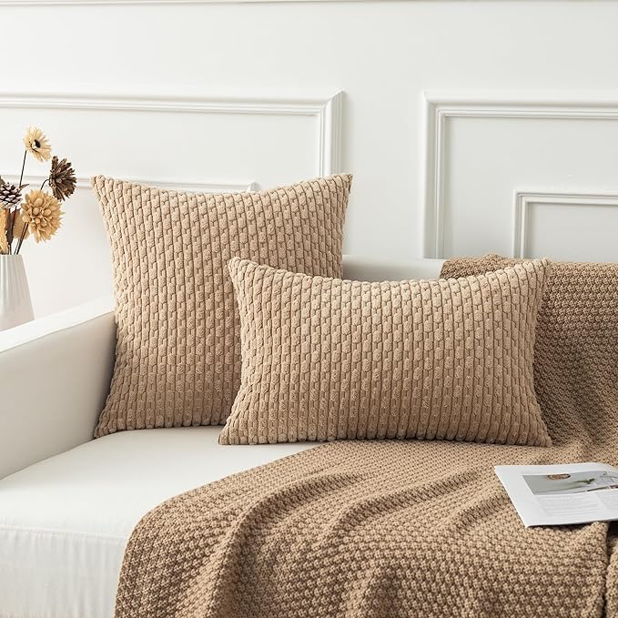 Kevin Textile 2 Packs Tan Decorative Throw Pillow Covers 22x22 Inch for Living Room Couch Bed Sofa Soft Striped Corduroy Square Cushion Case 55x55 cm Rustic Farmhouse Boho Home Decor