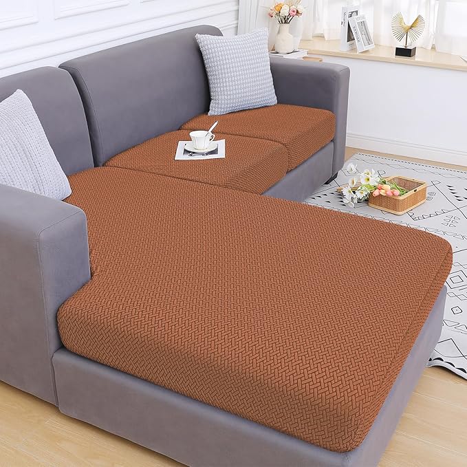 Smiry Waterproof Couch Cushion Covers, Stretch Jacquard Sectional Couch Covers, L Shape Chaise Lounge Sofa Slipcover, Washable Elastic Furniture Protector for Pets, Kid (Chaise Cover, Rust)