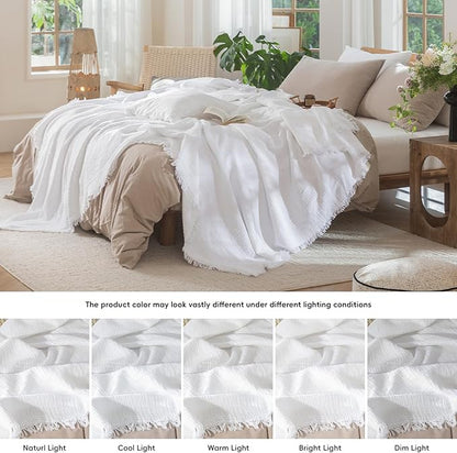 MooMee Muslin Blanket - 100% Cotton 4-Layer Gauze Throw Blanket with All-Around Fringe, Ultra-Soft Breathable Lightweight Cooling Decorative for Bed, Sofa & Couch (Bright White,Throw 60" x 50")