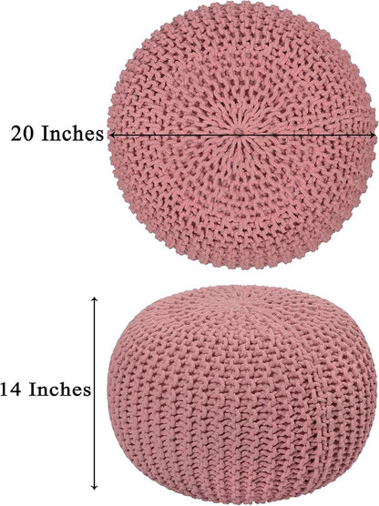 COTTON CRAFT Round Dori Pouf - Cotton Braid Cord Cable Knitted Ottoman - Foot Stool - Footrest - Floor Pouf - Woven Ottoman - Bean Bag - Living Room Dorm - 20 inches Diameter x 14 Height - Blush Pink