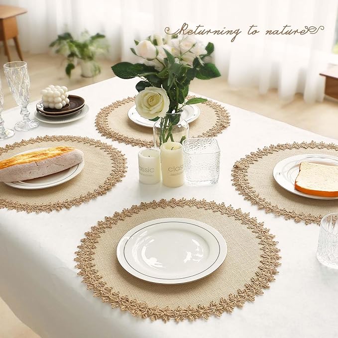 FunWheat Burlap Round Braided Placemats Set of 12 for Dining Tables 15 Inch Heat Resistant Jute Table Mats Farmhouse Woven Fabric Natural Place mats for Fall Decoration(Jute Lace)