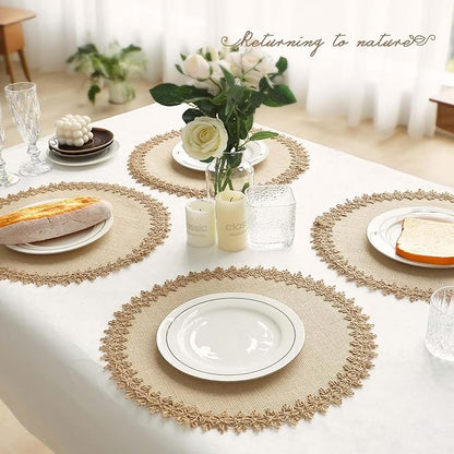 FunWheat Burlap Round Braided Placemats Set of 12 for Dining Tables 15 Inch Heat Resistant Jute Table Mats Farmhouse Woven Fabric Natural Place mats for Fall Decoration(Jute Lace)