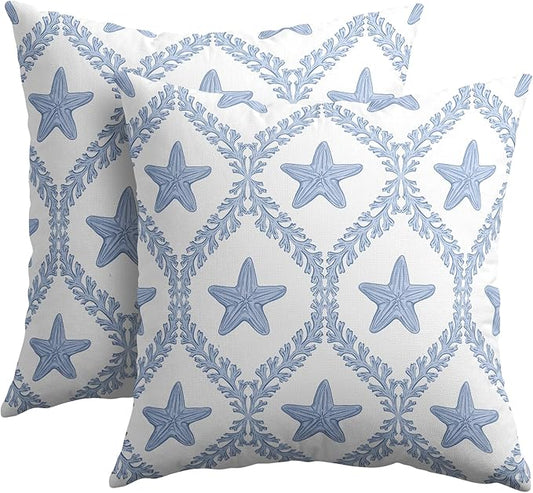 Coastal Pillow Covers 16x16 Set of 2 Ocean Starfish Pattern Decorative Light Blue Pillowcases Outdoor Beachy Throw Pillow Covers with Zipper Soft Cozy for Sofa Bed Chair Living Room Home Decor