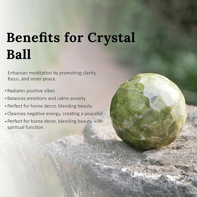 Crocon 50mm Vesuvianite diamond cut Stone sphere Ball with Metal Stand 1400+ Carats Gemstone Ball Healing ornament rock Sphere Sculpture Figurine for Fengshui Divination Crystal Home Decor Photography