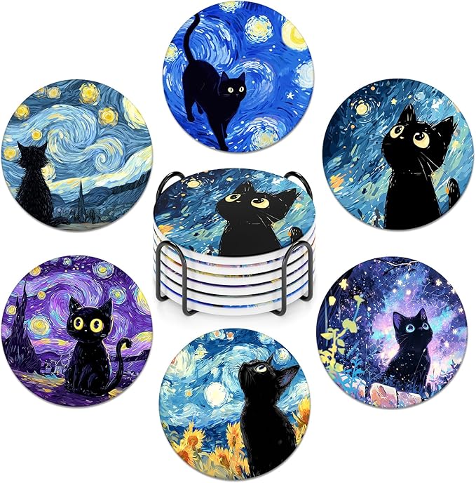 6-Piece Ceramic Coaster Set with Tray Diameter: 3.94 in Thickened Absorbent Material Heat-Resistant and Water-Absorbent Coaster Set Suitable for All Types of Cups， Van Gogh Cats