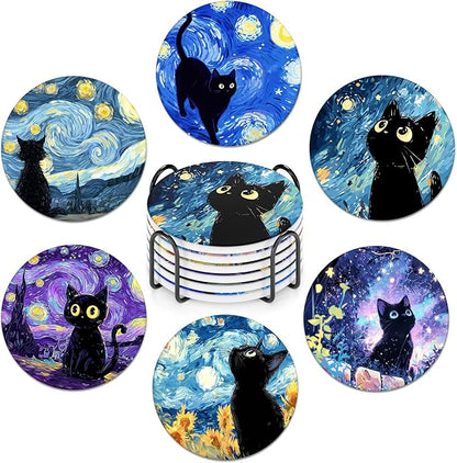 6-Piece Ceramic Coaster Set with Tray Diameter: 3.94 in Thickened Absorbent Material Heat-Resistant and Water-Absorbent Coaster Set Suitable for All Types of Cups， Van Gogh Cats