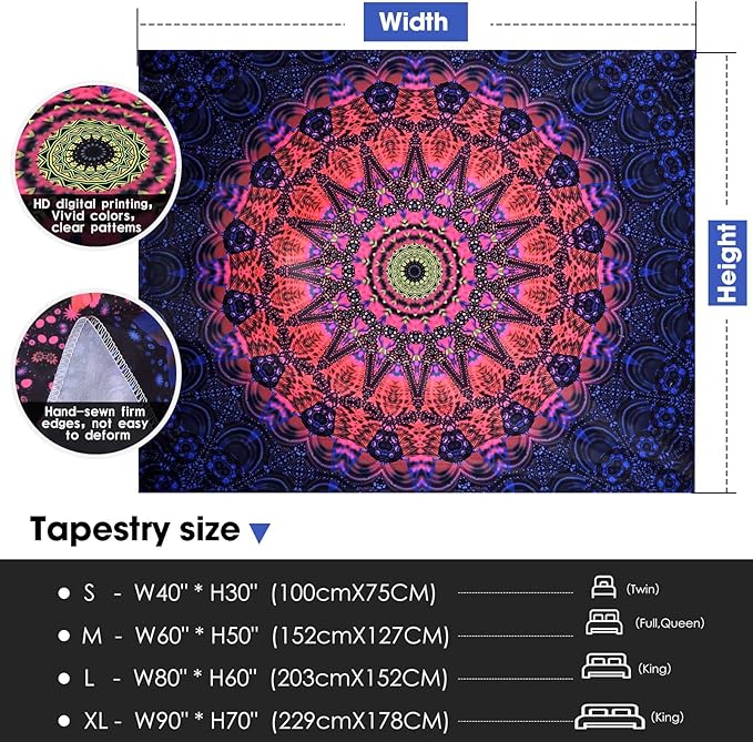 ADDWel Blacklight Mandala Boho Tapestry Glow In The Dark, Black Light Bohemian Hippie Poster Wall Hanging for Bedroom Aesthetic Wall and Room Decor (30" x 40", Mandala)