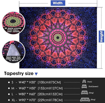 ADDWel Blacklight Mandala Boho Tapestry Glow In The Dark, Black Light Bohemian Hippie Poster Wall Hanging for Bedroom Aesthetic Wall and Room Decor (50" x 60", Mandala)