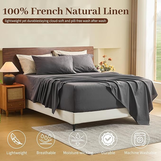MEISHANG 100% French Pure Linen Sheets Queen Size - 6 PC Extra Deep Pocket Sheet Set, Soft Durable Flax Linen, Anti-Tear Breathable & Oeko-Tex Certified 18-24 Deep Pocket,All Season(Dark Grey)