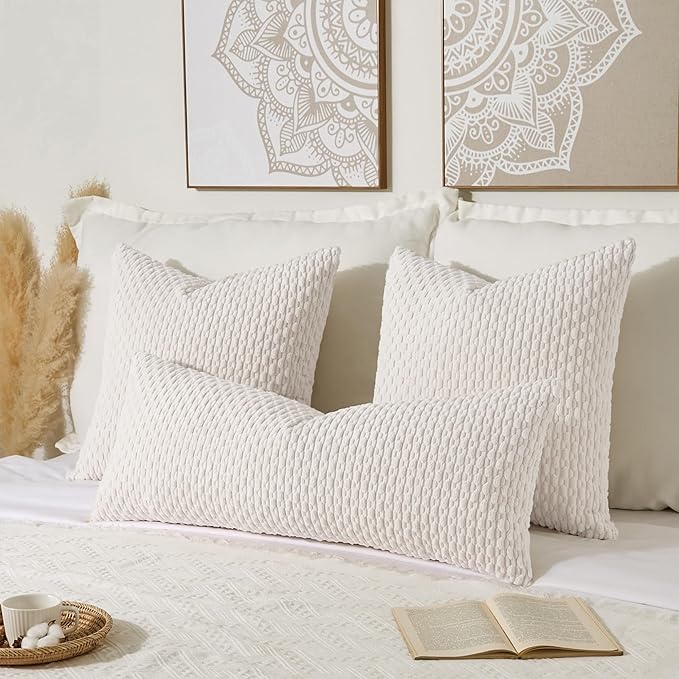 Kevin Textile 20x54 Inch Long Body Lumbar 1 Pack Boho Decorative Throw Pillow Cover Soft Striped Corduroy Rectangle Cushion Case Farmhouse Accent for Living Room Couch Sofa Bed, Pure White