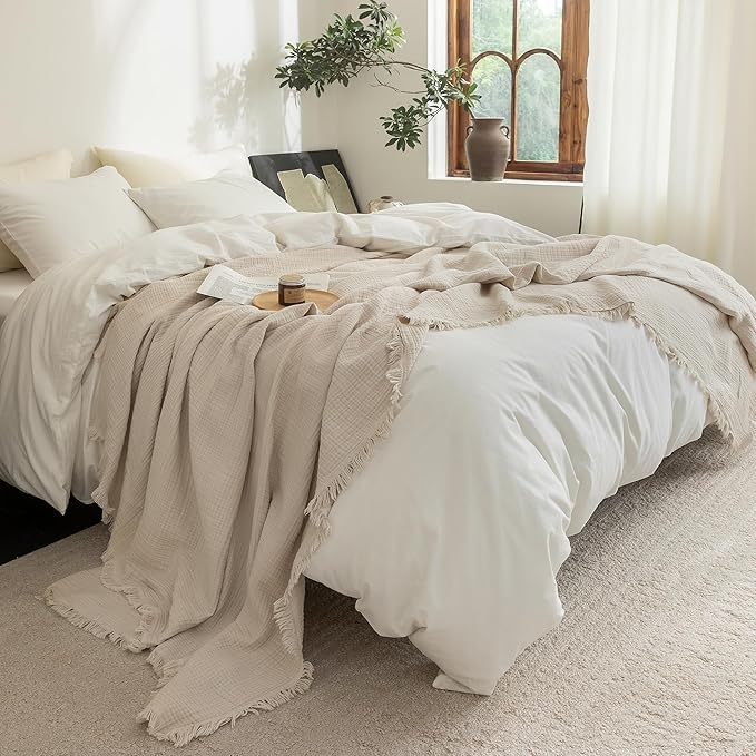 FOSSA Muslin Blanket with Fringe - 4-Layer 100% Cotton Gauze Super Soft & Breathable Throw -Lightweight Decorative Cooling Blanket for Bed, Sofa, Office (Beige, King (104" × 90"))