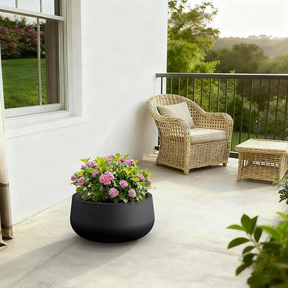 Kante 19.6" Dia Round Concrete Planter, Cement Plant Pots with Drainage Hole and Rubber Plug for Outdoor Indoor Garden Home, Modern Curvaceous Design, Black