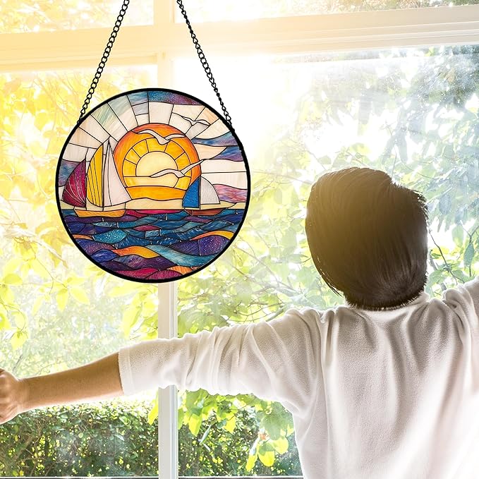 DASTOLL Stained Glass Window Hanging, Sailboat and Waves Suncatcher Diamond Glass Panel Hangings Sun Catchers Decor for Birthday for Women, Men, Wife, Aunt, and Mom 7.8 in